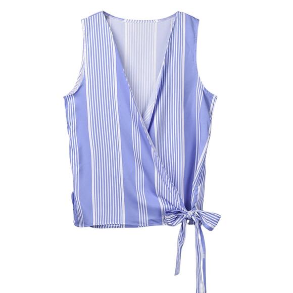 Women's Wrap Side Tie Striped Sleeveless Summer Top Size XL Blue White NWOT - Picture 1 of 6